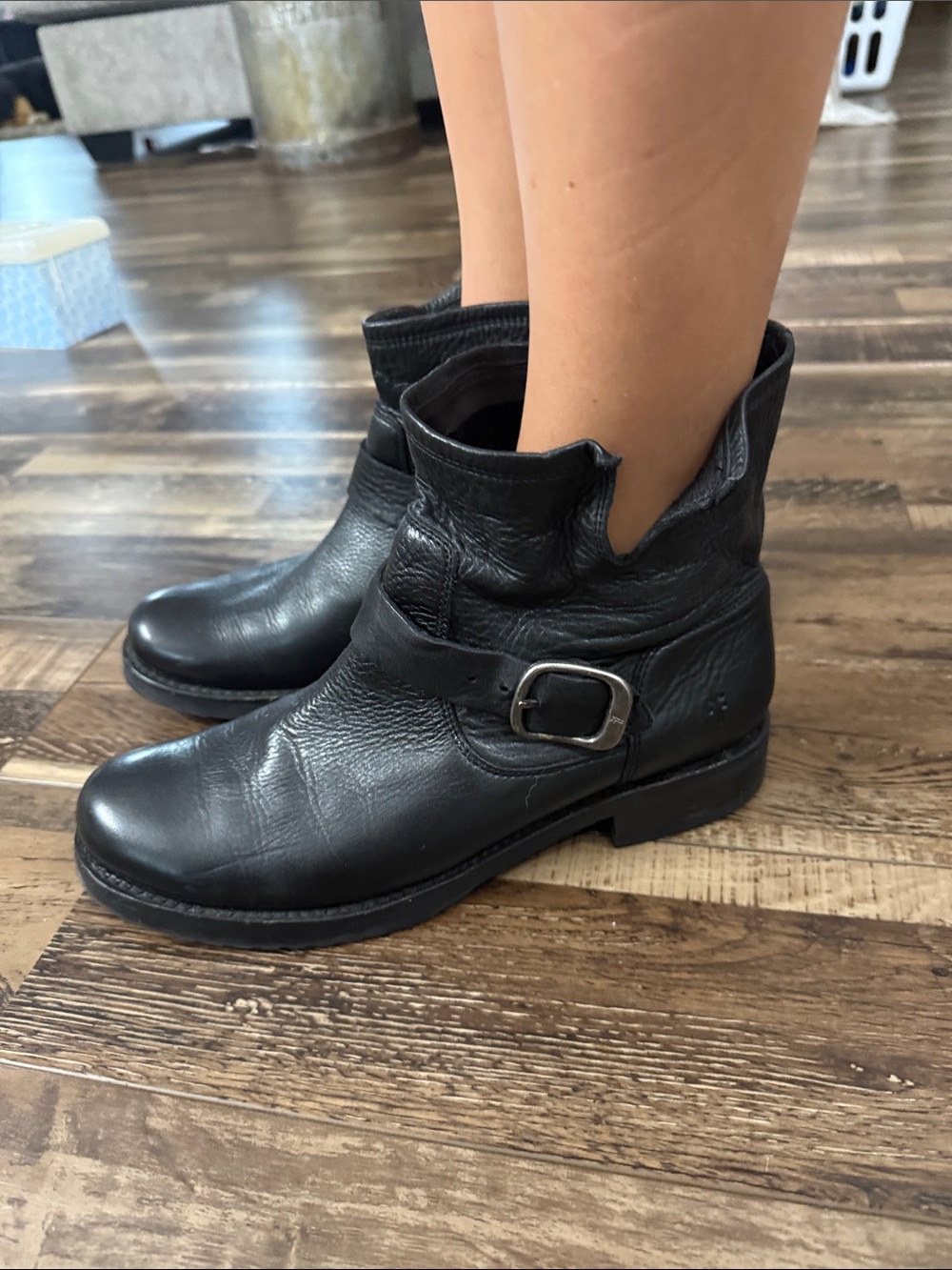 Frye Black Leather Buckle Ankle Boots